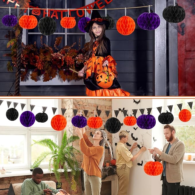 15Pcs Halloween Honeycomb Decorations, Orange Purple Black Pumpkin Paper Honeycomb Balls Halloween Hanging Ornaments for Party Favor Supplies