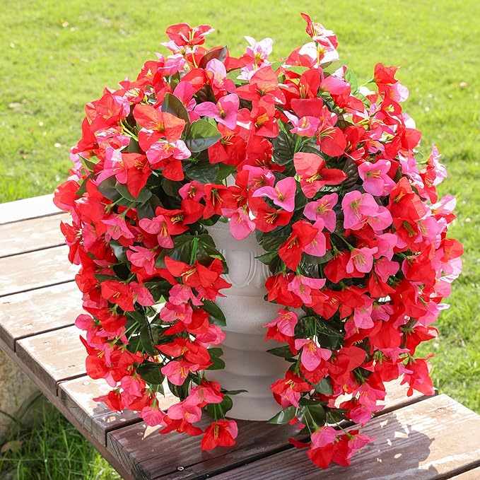 Faux Bougainvillea Artificial Flowers Plants for Outdoor Outside Spring Decoration, 2pcs Fake Silk Long Trailing Vines UV Resistant Realistic for Front Door Porch Planter Urn Patio Balcony Yard, Mix
