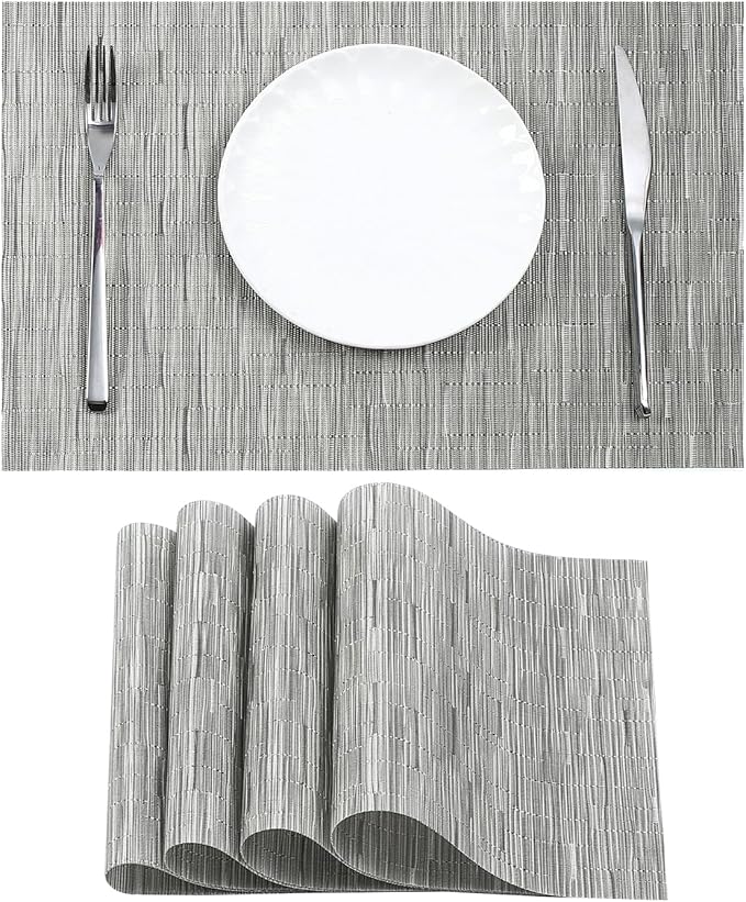 Leetaltree Sliver Placemats Set of 4 - Heat Resistant Non-Slip Place mats for Dining Table, Washable Durable PVC Vinyl Woven Table Mats(Sliver, 4)