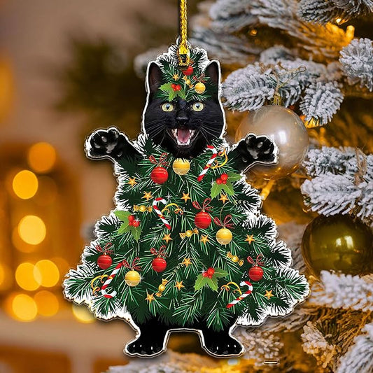 Black Cat Acrylic Christmas Ornament - Fun Holiday Decoration for Pet Owners - Festive Tree Ornament with Black Cat in a Christmas Tree Design