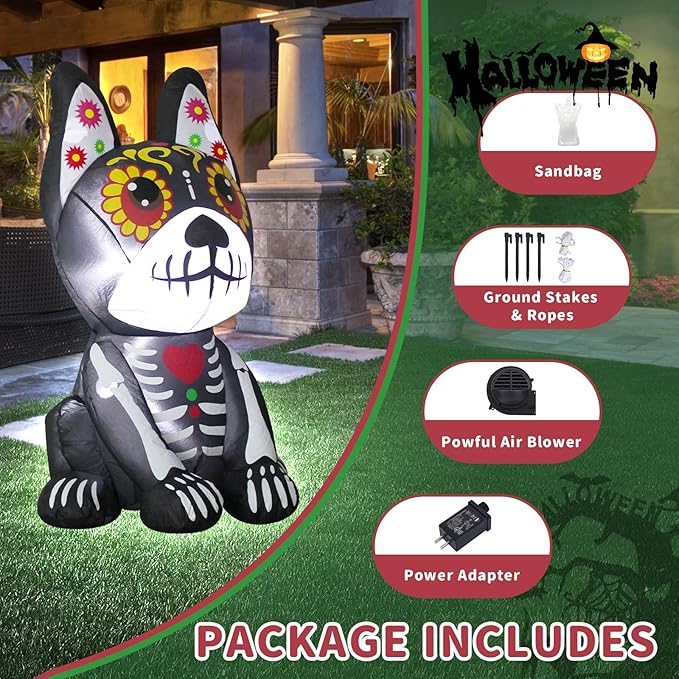 4FT Halloween Inflatables Dia de Los Muertos Dog Outdoor Decorations Blow Up Yard Colorful Skull Dog with Built-in LEDs for Indoor Party Garden Lawn Decor