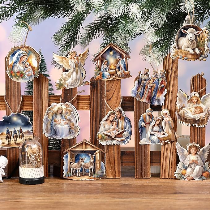 Suzile 36 Pcs Christmas Wooden Ornaments Nativity Ornaments Religious Christmas Decorations for Tree Wreaths Xmas Birth of Jesus Hanging Wood Cutouts Decor for Farmhouse Home Christian Party Favors