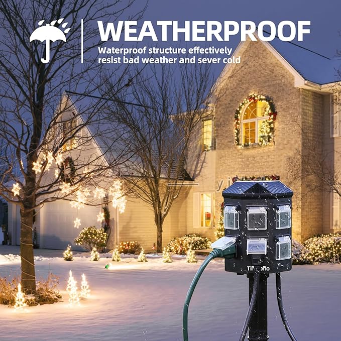 Outdoor Power Strip Weatherproof, 25 FT Extension Cord with Stake, 6 Grounded Outlets for Halloween Decorations and Inflatables, 15A/1875W, ETL Listed