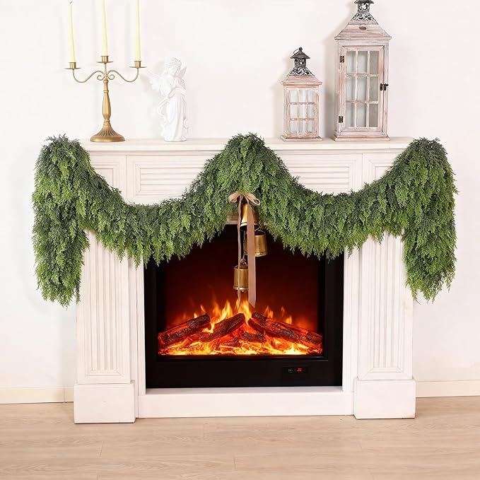 16FT Cedar Garland for Fireplace - Artificial Christmas Garland Thick and Lush Realistic Faux Cedar Fake Pine Needles Garland for Table,Window,Stairs,Mante,Indoor Outdoor Decor (1PCS)