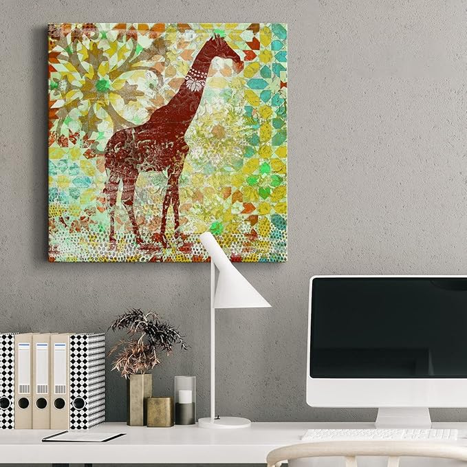 Cute Animals Artwork Abstract Colorful Painting Wall Art on Canvas, Bali Giraffe Wall Art, Ready to Hang, 10'' x 10''