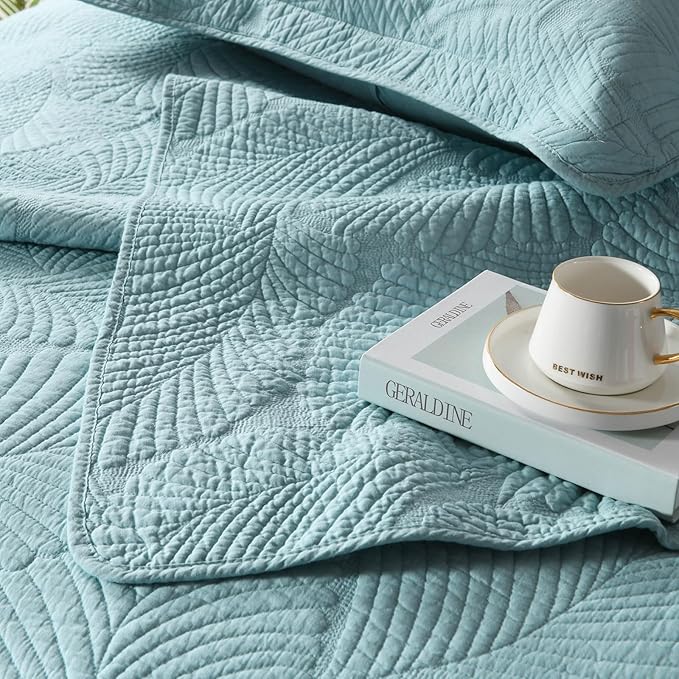 mixinni King Size Blue Plam Leaves Quilt Set Soft Cotton Bedspread Coverlet Set-King Size
