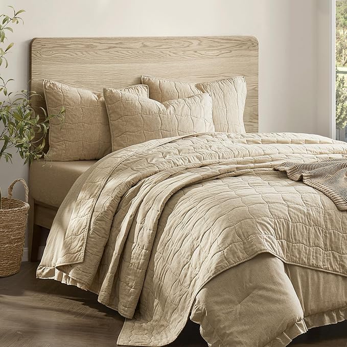 Wonderful Natural Linen Cotton Quilt Set King Size, 100% Cotton Back and Filling, 3 Piece Pre-Washed Beige Bedding Cover, Wavy Box Stitched Bedspread Coverlet Bedding Set All Seasons, 104"x94"