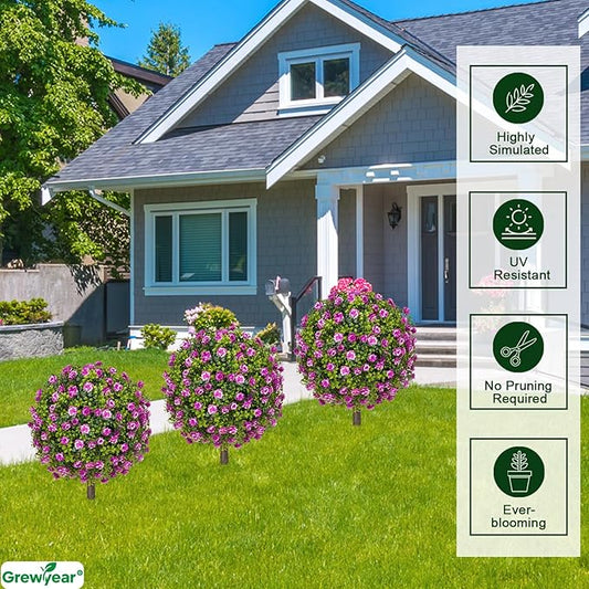 Artificial Topiary Ball with Ground Spike Set of 2, Faux Boxwoods for Outdoor Planters, UV Resistant Artificial Outdoor Plants for Porch, Fake Bushes Round Flower Shrub with Purple Rose