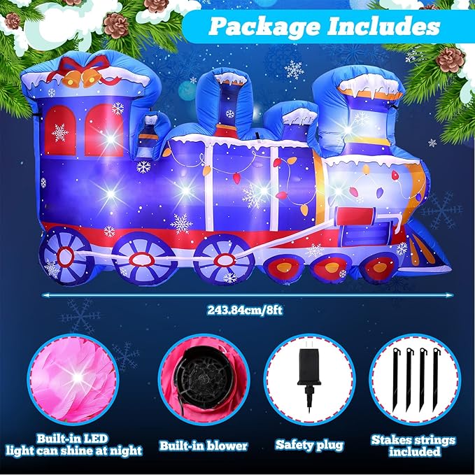 VIHOSE 8 ft Length Christmas Polar Train Inflatable Outdoor Decoration Christmas Blow Up Polar Train Winter Birthday Photo Props Built-in LED Light for Xmas Birthday Party Holiday