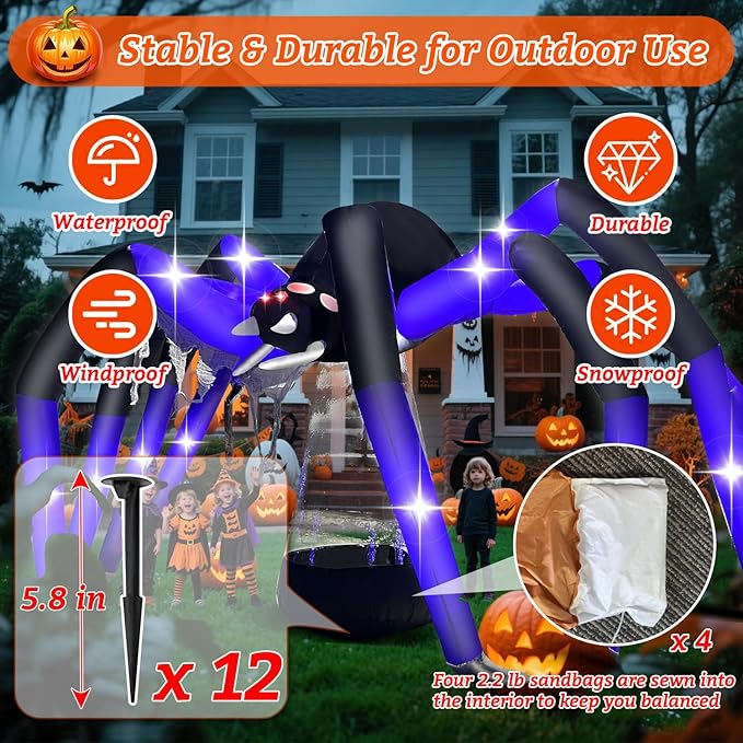 Halloween Inflatables Spider Decorations Outdoor - 9 FT Horror Giant Spider Halloween Blow up Yard Decorations with LED Build-in for Garden Lawn Indoor Party Decor