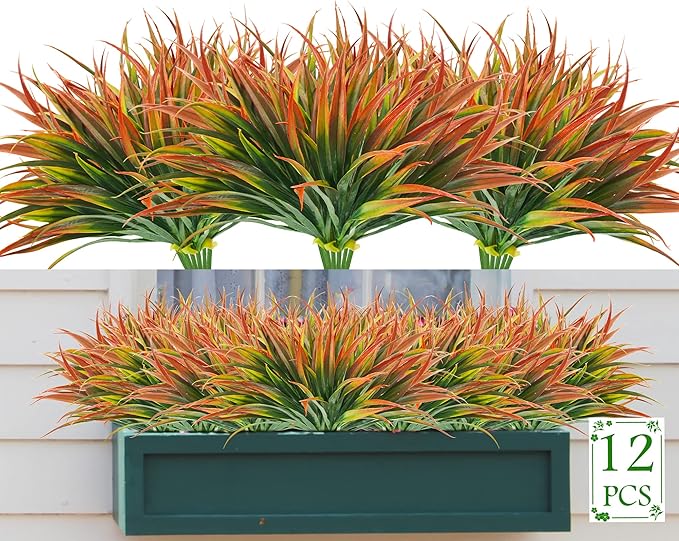 Artificial Fake Grass,12PCS Outdoor Faux Grasses Plastic Plants Greenery UV Resistant for Outside Home Windowbox Garden Office Patio Hanging Planter Front Porch Fall Décor (Red)