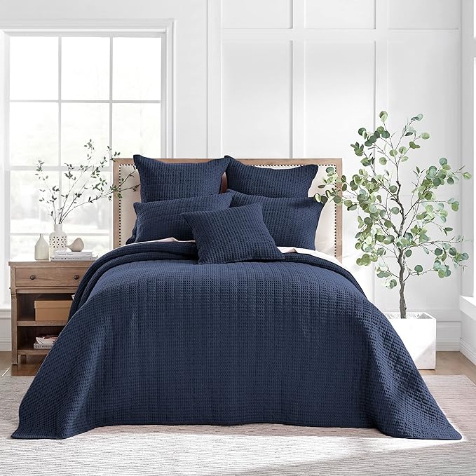 Levtex Home Mills Waffle Full Bedspread Set (100x104in) with 2 Pillow Shams (26x20in) - Navy - 100% Cotton Full Size Bedspread Set - Lightweight, Soft, Pre-Washed