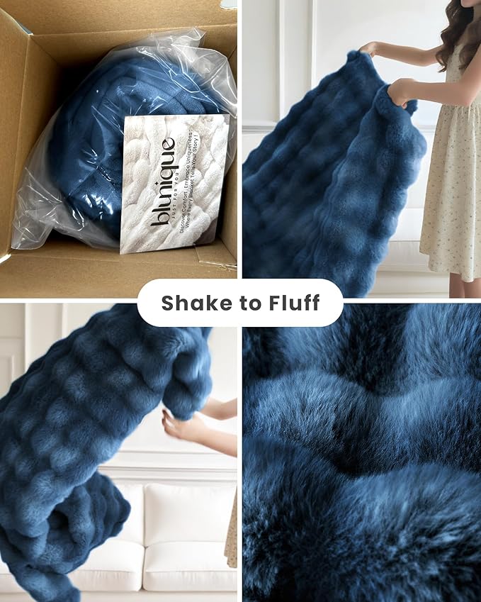 Ultra Soft Cozy Faux Fur Throw Blanket, Fuzzy Plush Thick Bubble Blanket, Oversize Luxury Fluffy Blanket for Couch, Bed, and Living Room, 60x80 Inches, Blue
