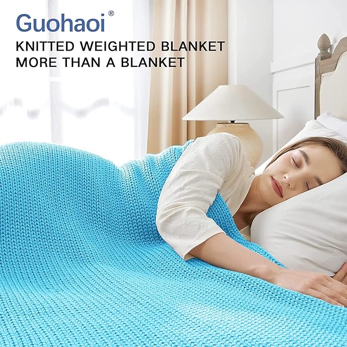 Knitted Weighted Blanket(Blue 60"x80" 15lbs),Home Décor Cooling Throw Blanket for Hot Sleepers,Hand Made Chunky Knit Heavy Blanket for Adults Use on Queen/King Size Bed