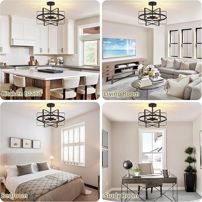 5-Light Black Ceiling Light Fixture, 12.6'' Farmhouse Industrial Semi Flush Mount Ceiling Light, Modern Geometric Metal Ceiling Lamp for Entryway Hallway Kitchen Bedroom Dining Room
