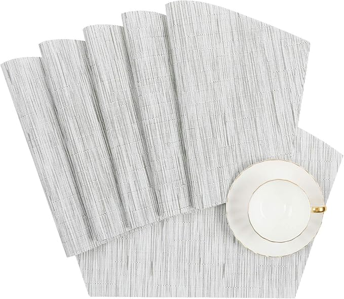 SHACOS Wedge Placemats Set of 8 Woven Vinyl Placemats for Round Table Place Mats Wipe Clean Non Slip Table Mats, Gray White