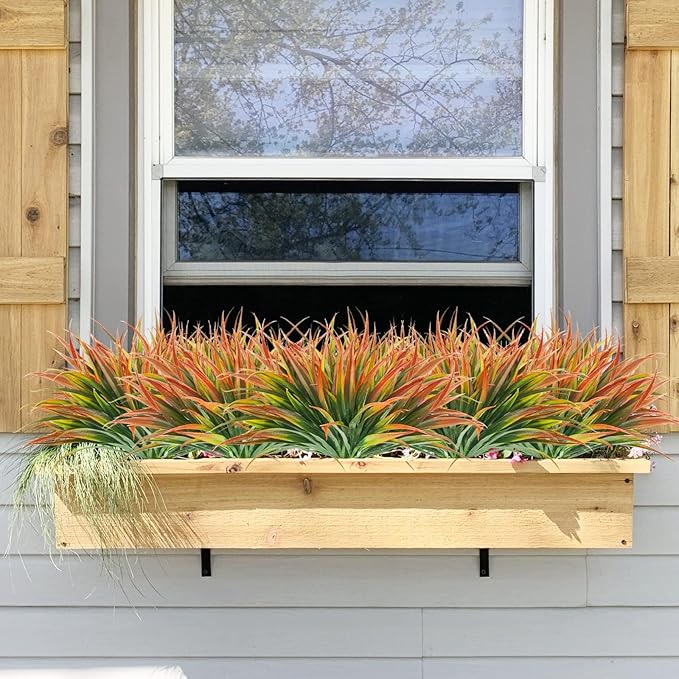 Artificial Fake Grass,24 PCS Outdoor Faux Grasses Plastic Plants Greenery UV Resistant for Outside Home Windowbox Garden Office Patio Hanging Planter Front Porch Fall Décor (Red)