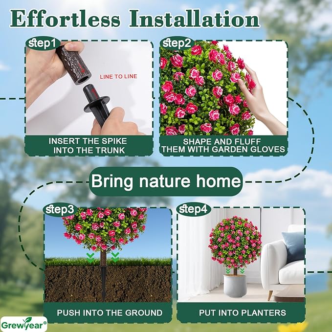 Artificial Topiary Ball with Ground Spike Set of 2, Faux Boxwoods for Outdoor Planters, UV Resistant Artificial Outdoor Plants for Porch, Fake Bushes Round Flower Shrub with Red Rose