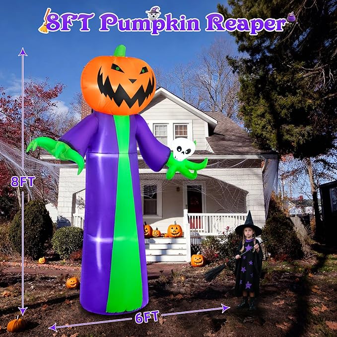 B&D 8FT Halloween Inflatables Outdoor Decorations, Inflatable Pumpkin Reaper Halloween Decorations Holds Skull Blow Up Yard Decoration Built-in Blue LED Disco Light for Holiday Party Garden Lawn Decor