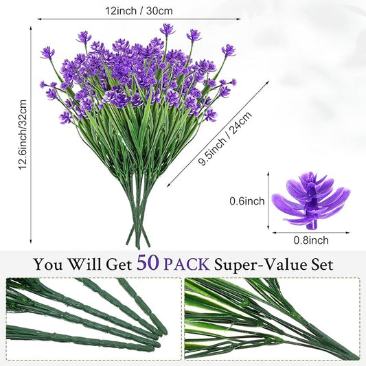 Hoteam 50 Bundles Outdoor Artificial Flowers Plants Uv Resistant Outside Faux Flowers Plastic Fake Plants Outdoor Summer Fall Seasons Decoration Shrubs Garden Porch Box, Purple