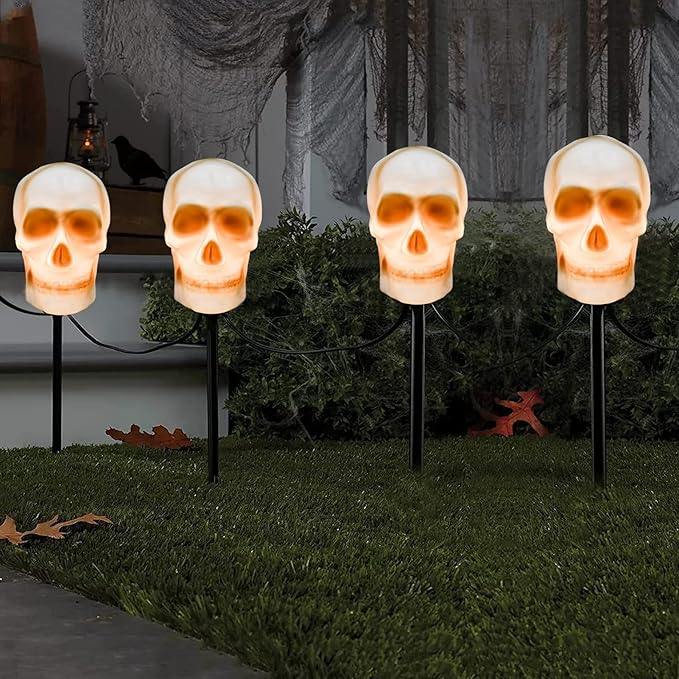 Halloween Skull Pathway Lights, 4 Pack 3D Skeleton Lights with Stakes, Outdoor Connectable C7 Skull Lights for Yard, Garden, Patio, Halloween Party Decor, Black Wire