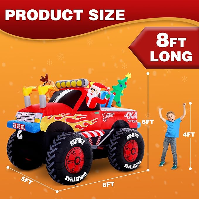 8 FT Long Santa in Monster Truck Christmas Inflatables Outdoor Decorations, Christmas Blow Up Santa Claus Yard Decorations for Garden Lawn Xmas Decor