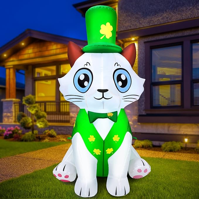 5Ft St. Patrick's Day Inflatable Outdoor Decoration Blow Up Cute Cat Wearing Lucky Shamrocks Hat with LED Lights St Patricks Day Decorations Yard Garden Lawn Home Party Indoor
