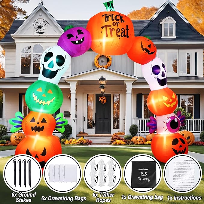 10FT Halloween Inflatables Pumpkin Skeleton Archway with Built-in LED Lights – Blow Up Yard Decoration with Candy Pumpkins for Indoor Outdoor Lawn Garden