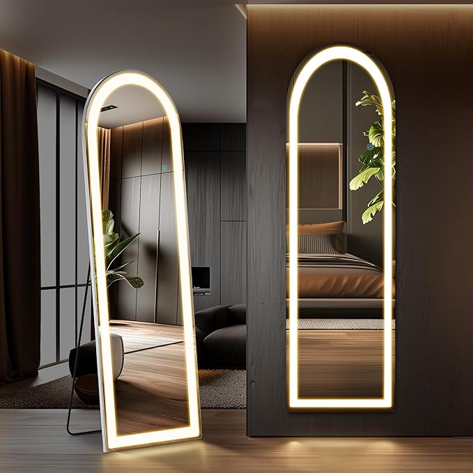 Sweetcrispy Full Length Mirror with LED Lights, 60"x16" Lighted Floor Mirror with Dimming & 3 Color Lighting, Stand for Bedroom, Dressing Room, Arched