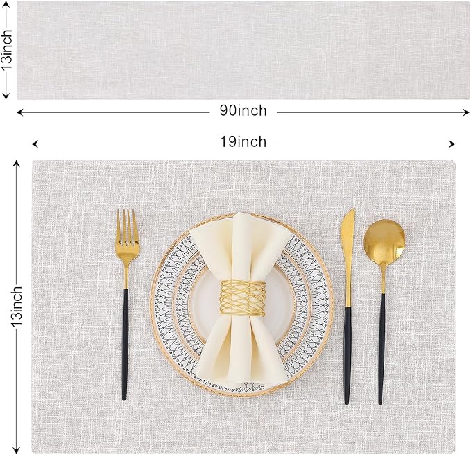 homing Cotton Linen Placemats Set of 6 and Table Runner 90" Long, Neutral Beige Washable Cloth Place Mats with Table Runner for Indoors & Outdoors, Easy to Clean