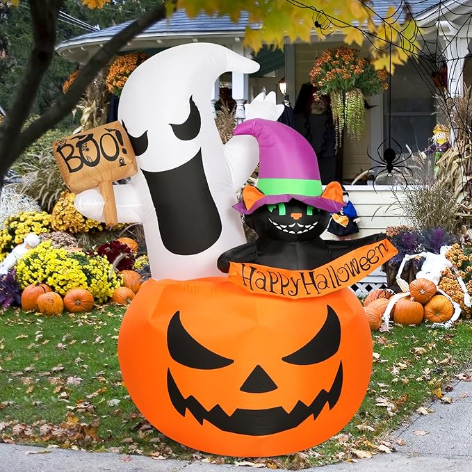 Inflatable Halloween Decorations, 6FT Outdoor Ghost Cat Pumpkin Halloween Inflatables, Outside Blow Up Yard Decoration with LED Lights, Halloween Decor for Home,Holiday,Party,Garden