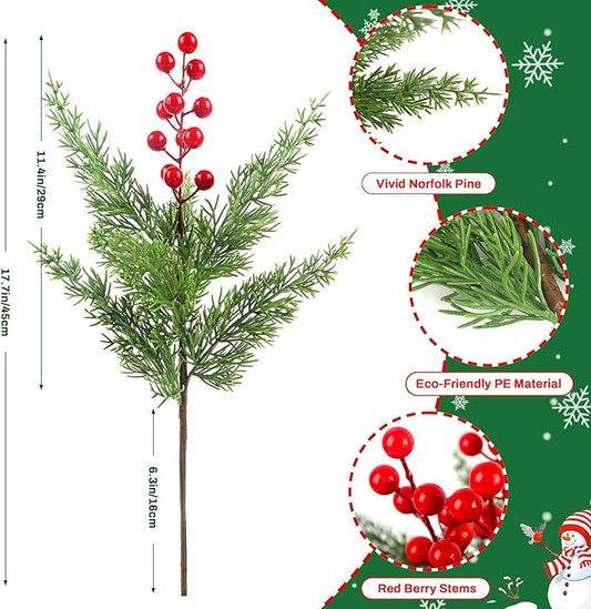 HOHOTIME 6 Pcs Christmas Artificial Pine Stems with Red Berry, 17.7 inch Faux Norfolk Cypress Leaves Branches for Christmas Decoration, Fake Foliage Pine Picks for DIY Craft Xmas Home Decor
