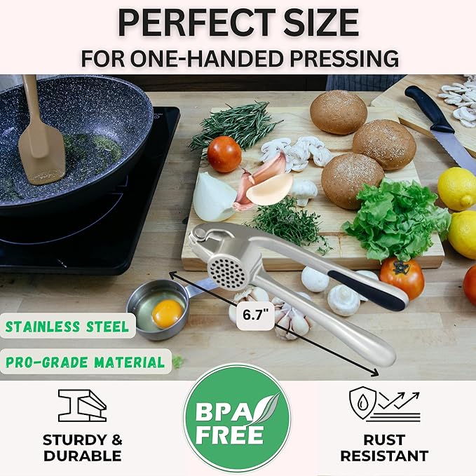 Premium Garlic Press - Easy to Squeeze and Clean, Rust Proof & Dishwasher Safe Garlic Mincer - Garlic Press Stainless Steel, Garlic Crusher, Garlic Masher - Silicone Garlic Peeler & Brush - Sliver