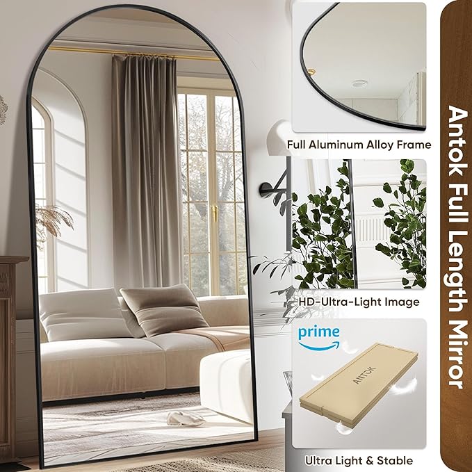 Full Length Mirror, 78"x38" Floor Mirror Freestanding, Arched Full Body Mirror Floor Standing Mirrors with Stand for Bedroom, Hanging Mounted Mirrors for Living Room Cloakroom, Black