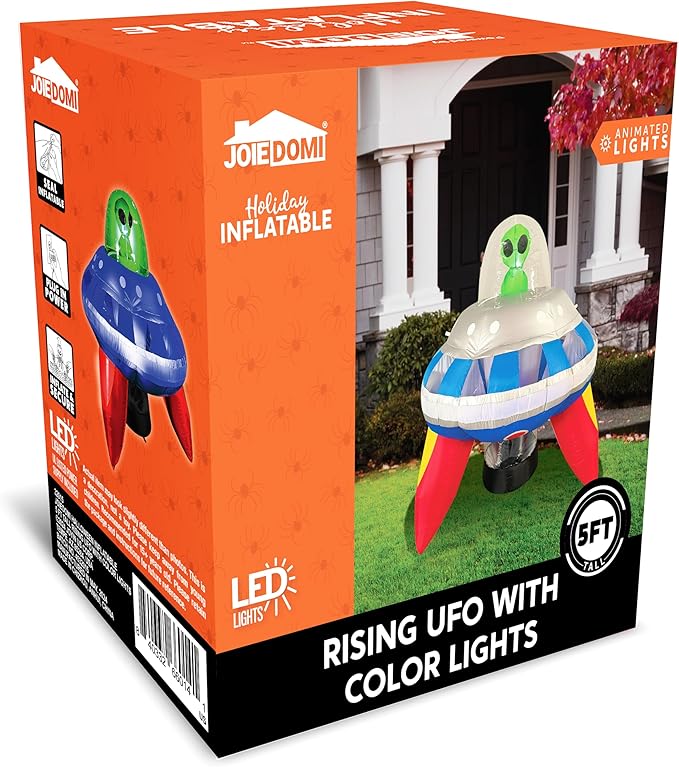 Joiedomi 5 FT Halloween Inflatable Outdoor Decoration, Inflatable Alien Decor Outdoor, Alien Blow Up with UFO Yard Decorations with Colorful LEDs for Halloween Decor