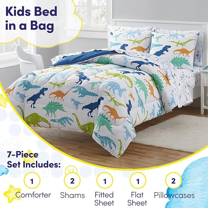 Kids Bedding Set Bed in a Bag for Boys and Girls Toddlers Printed Sheet Set and Comforter , Full, Dinosaur