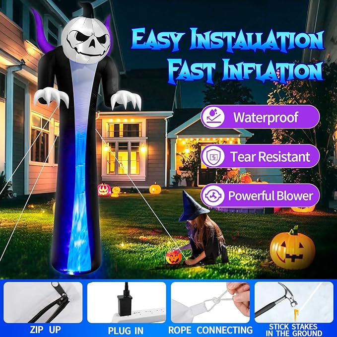 12FT Halloween Inflatables Decoration Outdoor Giant Pumpkin Reaper Ghost Built-in 3-Colored Rotation Flame LED Halloween Blow Up Yard Decorations Spooky Outdoor Party Yard Lawn Decor(1PCS)