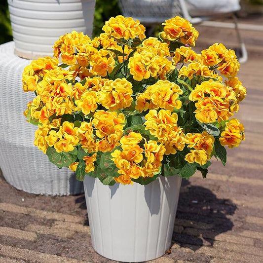 Fake Geraniums Artificial Flowers for Outdoors Fall Autumn Decoration, 6 Bundles Silk Geraniums UV Resistant Look Real Yellow Faux Flowers Plants for Front Door Garden Planter Patio Balcony Yard Home