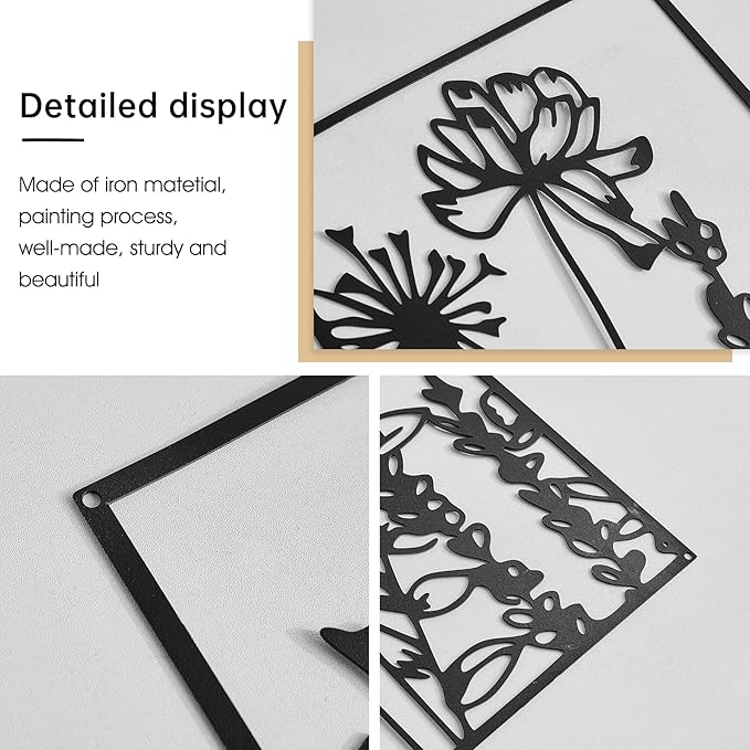 FUNTEREST 3 Pieces Black Metal Wall Art Decor Modern Minimalist Floral Single Line Living Room Wall Decor Abstract Wall Hanging Decor for Kitchen Office Bedroom Bathroom (Floral B)