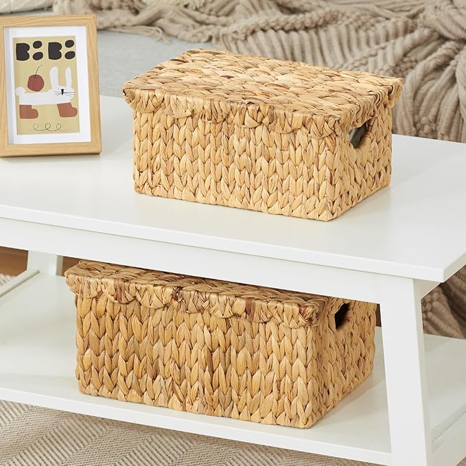 FairyHaus Wicker Basket with Lid, Scalloped Wicker Storage Basket with Removable Tray Lid, Handwoven Natural Water Hyacinth Bakests with Handles for Nursery 2Pack, 15 x 11.22 x 7 & 13 x 9.45 x 5.9