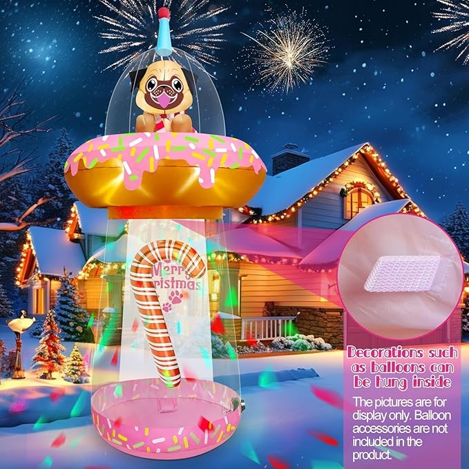 9.5FT Christmas Inflatable with Colorful Light, Kalolary UFO Doughnut Christmas Inflatable with Music, Puppy Xmas Blow Up Yard Decoration Christmas Outdoor Inflatable for Lawn Garden Holiday Party