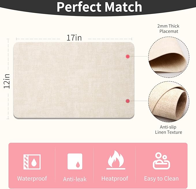 Maxpearl Faux Leather Placemats Set of 6 - Waterproof - Wipe Clean - Heat Resistant - Anti Slip Dining Table Place Mats, Suitable for Indoor & Outdoor Use, 17’’×12’’, Beige