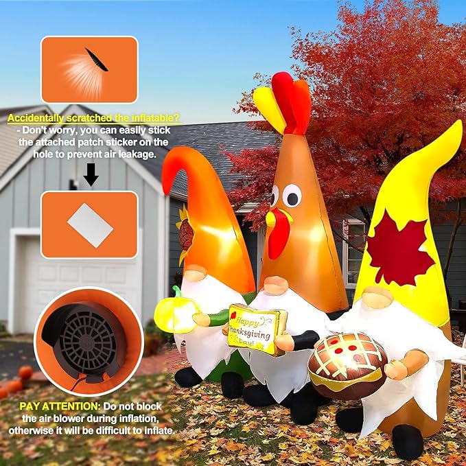 7FT Thanksgiving Day Inflatable with LED Light, Kalolary Thanksgiving Three Gnome Inflatable Fall Harvest Outdoor Decoration Thanksgiving Yard Blow up Inflatable for Lawn Home Holiday Autumn Party