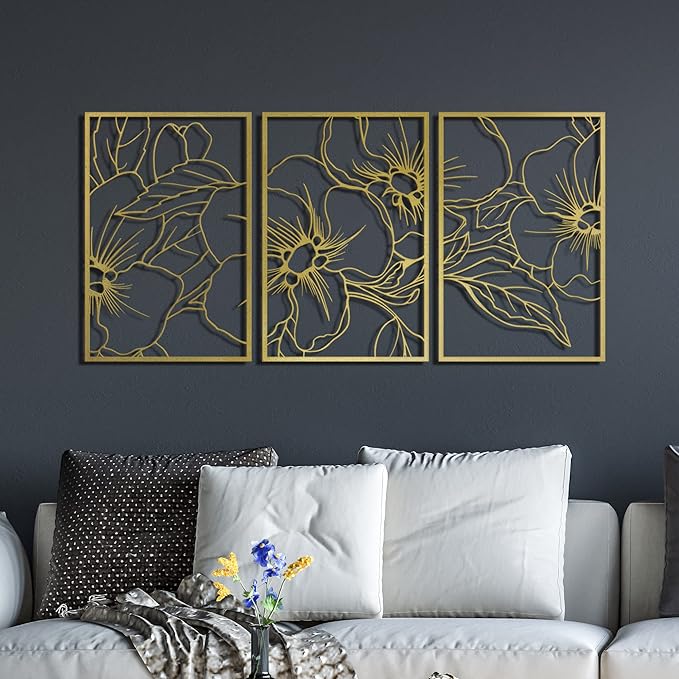 Vivegate Gold Minimalist Floral Single Line Metal Wall Art Decor - 18"X12" 3 Packs Gold Floral Abstract Minimalist Lines Wall signs for Hanging home wall decor