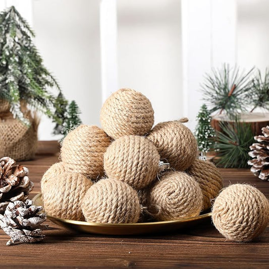 Syhood 18 Pcs 1.57 Inches Christmas Ball Ornaments Boho Farmhouse Jute Rope Hanging Balls Burlap Neutral Rustic Ornaments for Xmas Tree Holiday Wreath Garland Wedding Home