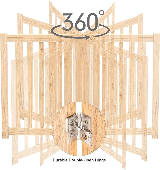 LZRS 2-Panel Wooden Free Standing Foldable Dog Gate – Solid Hardwood 24" High, Step-Over Safety Pet Gate for Doorways, Stairs & Small Spaces - Indoor Use, Natural