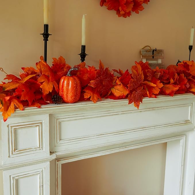 PARTY JOY 6PCS Orange Leaf Garland, 5.6Ft Halloween Garland Artificial Maple Leaf Autumn Hanging Fall Vines Thanksgiving Decorations Fall Decor