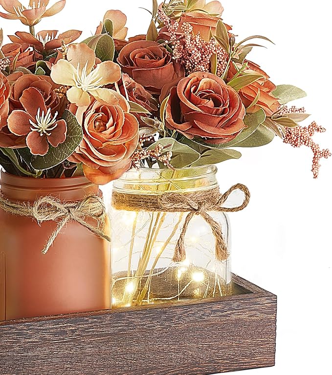 Mkono Mason Jar Lights Centerpiece Table Decorations for Dining Room Farmhouse Coffee Table Decor Tray with 3 Jars Flowers Centerpieces Spring Decor for Kitchen Living Dining Room, Orange