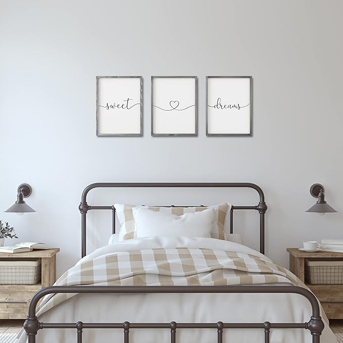 Set of 3 Framed Farmhouse Sweet Dreams Sign 11x14” Above Bed Wall Decor for Bedroom Decor Wall Art Wood Signs (11"x14", Gray)