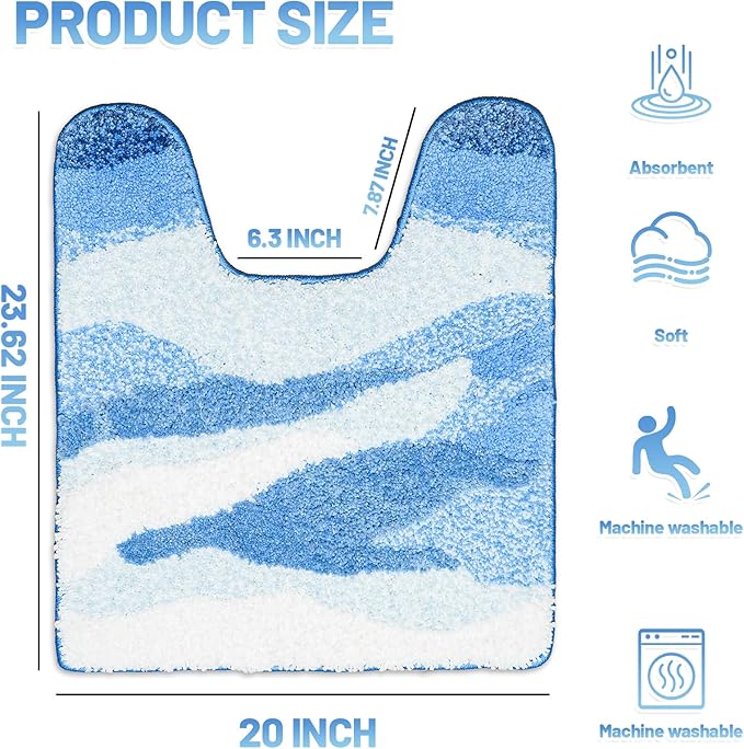 Wave Non-Slip Toilet Contour Rug, Luxurious Tufted Extra Thick U-Shaped Bathroom Rug, Ocean Beach Designed U-Shaped Toilet Floor Mat, Washable and Absorbent Bathroom Carpet (24 x 20 in)